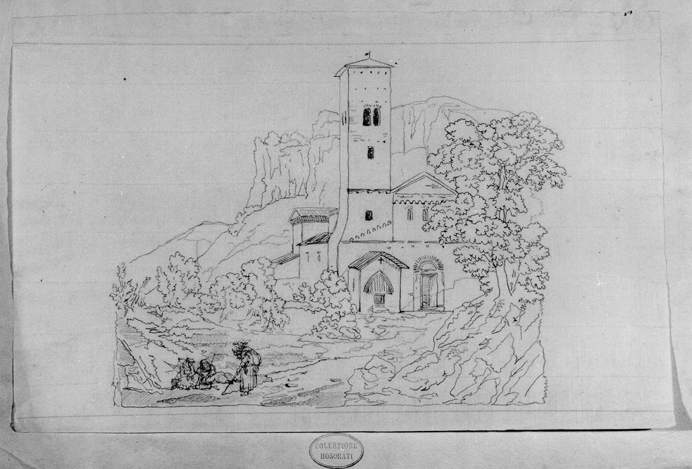 paesaggio con chiesa (disegno) di Honorati Carlo (prima metà sec. XIX)