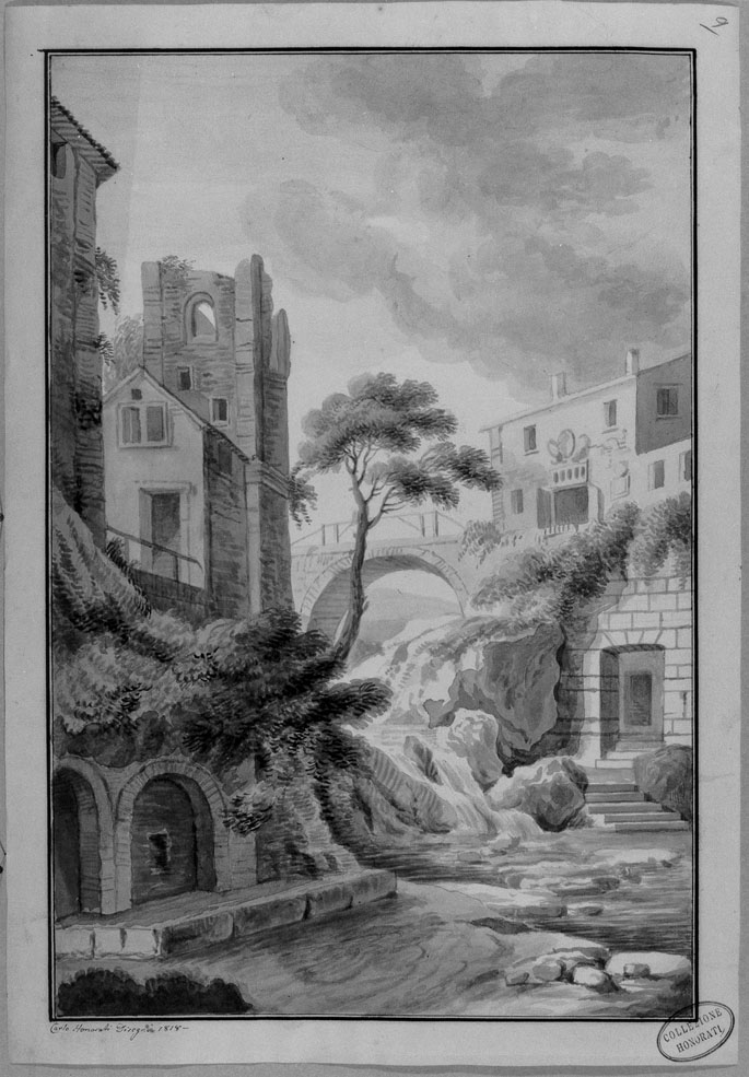 paesaggio fluviale (disegno) di Honorati Carlo (sec. XIX)