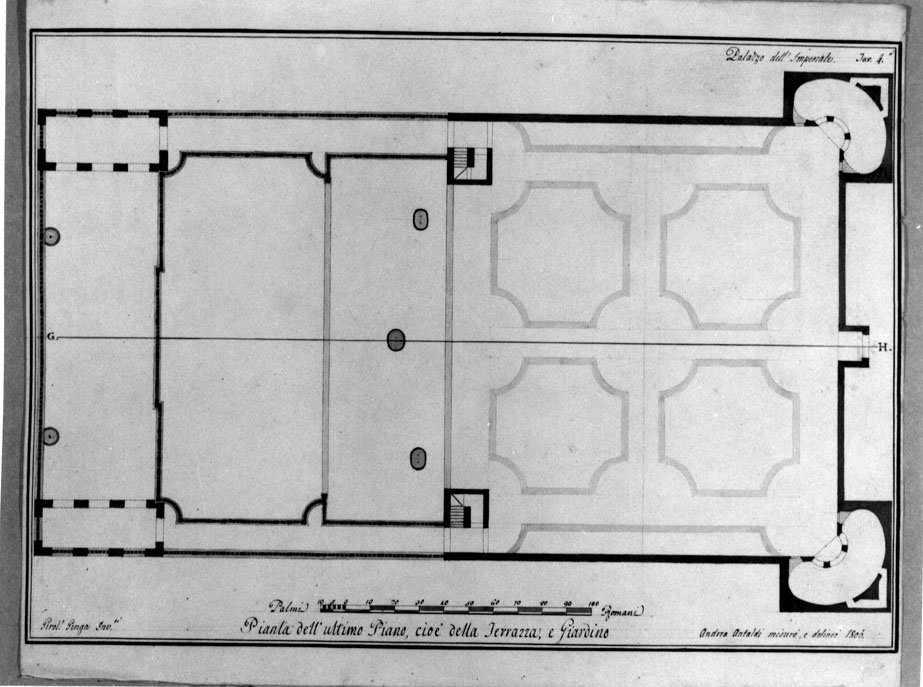 pianta della terrazza e del giardino pensile di villa Imperiale (disegno) di Antaldi Andrea (sec. XIX)
