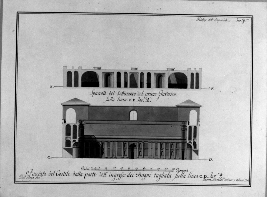facciata del cortile e spaccato dei sotteranei di villa Imperiale a Pesaro (disegno) di Antaldi Andrea (sec. XIX)