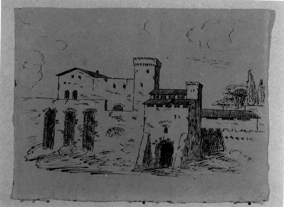 veduta di paese con cinta muraria e torre (disegno) - ambito italiano (secc. XVIII/ XIX)