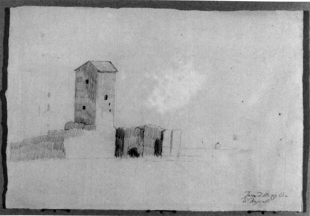paesaggio con torre (disegno) - ambito italiano (secc. XVIII/ XIX)