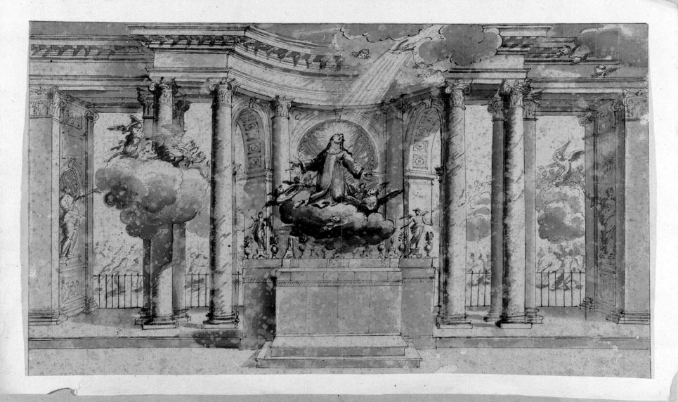 edificio porticato con statua di Santa Teresa in estasi (disegno) - ambito italiano (sec. XVIII)
