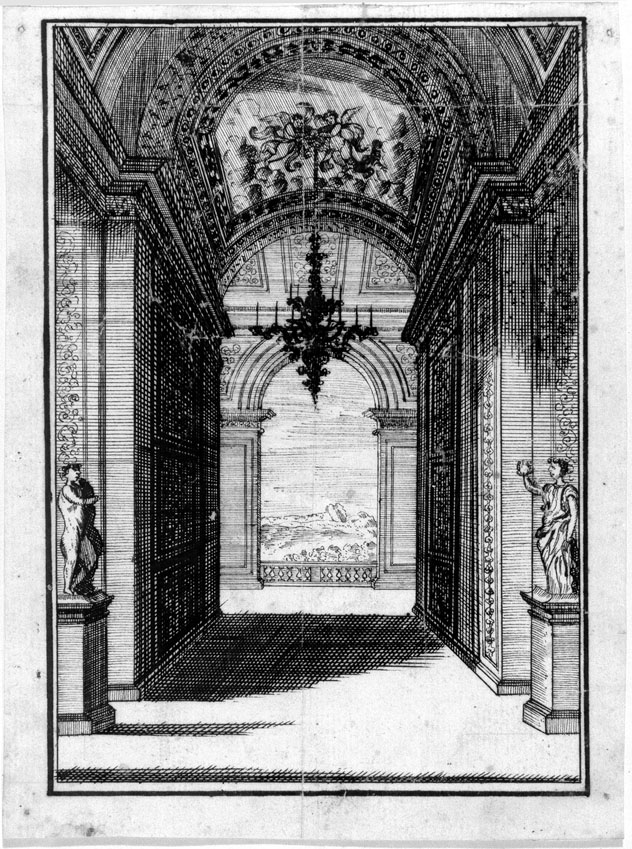 galleria con veduta di paesaggio (disegno) - ambito italiano (sec. XVIII)