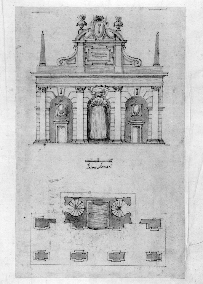 prospetto e pianta di edificio (disegno) - ambito italiano (sec. XVIII)