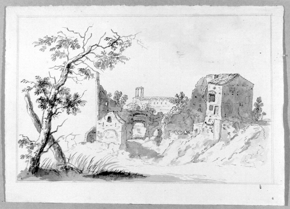 paesaggio con edifici e rovine (disegno) - ambito francese (sec. XVIII)