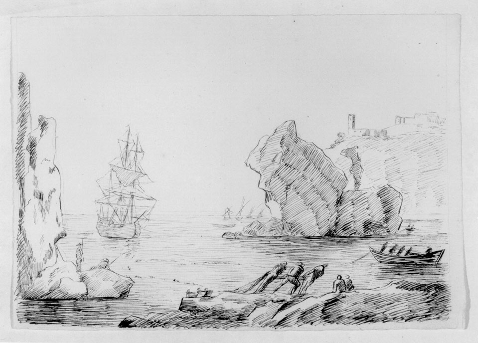 marina con pescatori e barche (disegno) - ambito francese (sec. XVIII)