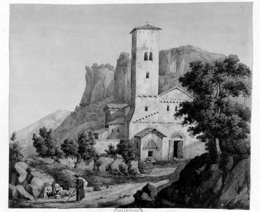 paesaggio con chiesa e figure (disegno) di Honorati Carlo (prima metà sec. XIX)