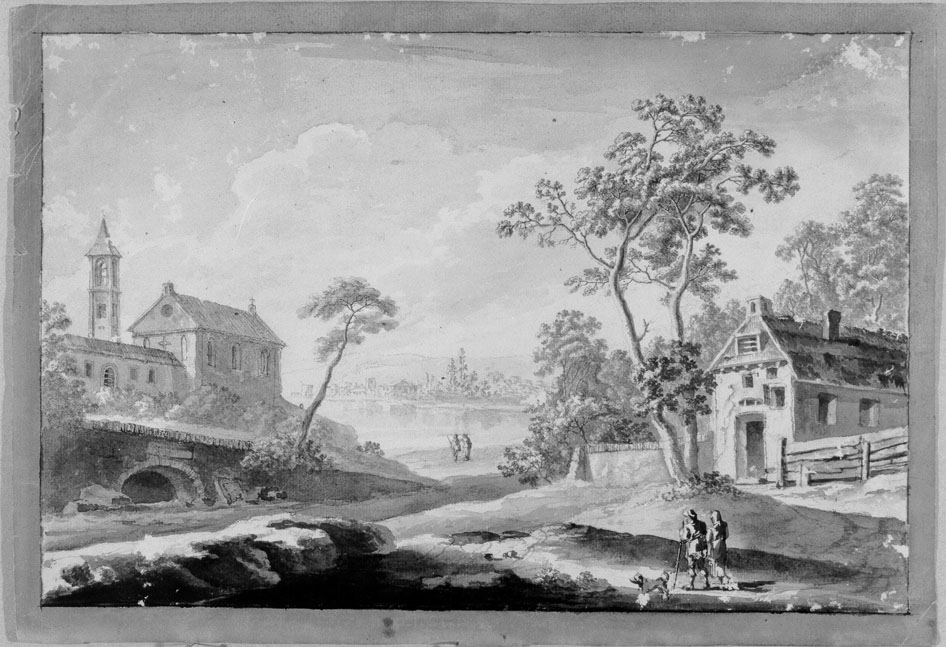 paesaggio con edifici e figure (disegno) - ambito italiano (secc. XVIII/ XIX)