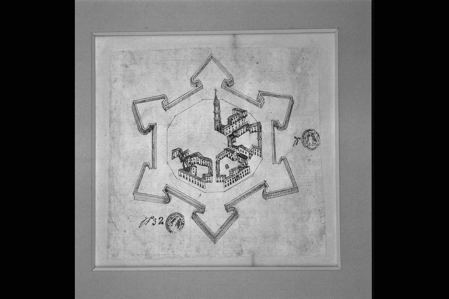 pianta di città con cinta muraria (disegno) - ambito Italia centrale (sec. XVII)
