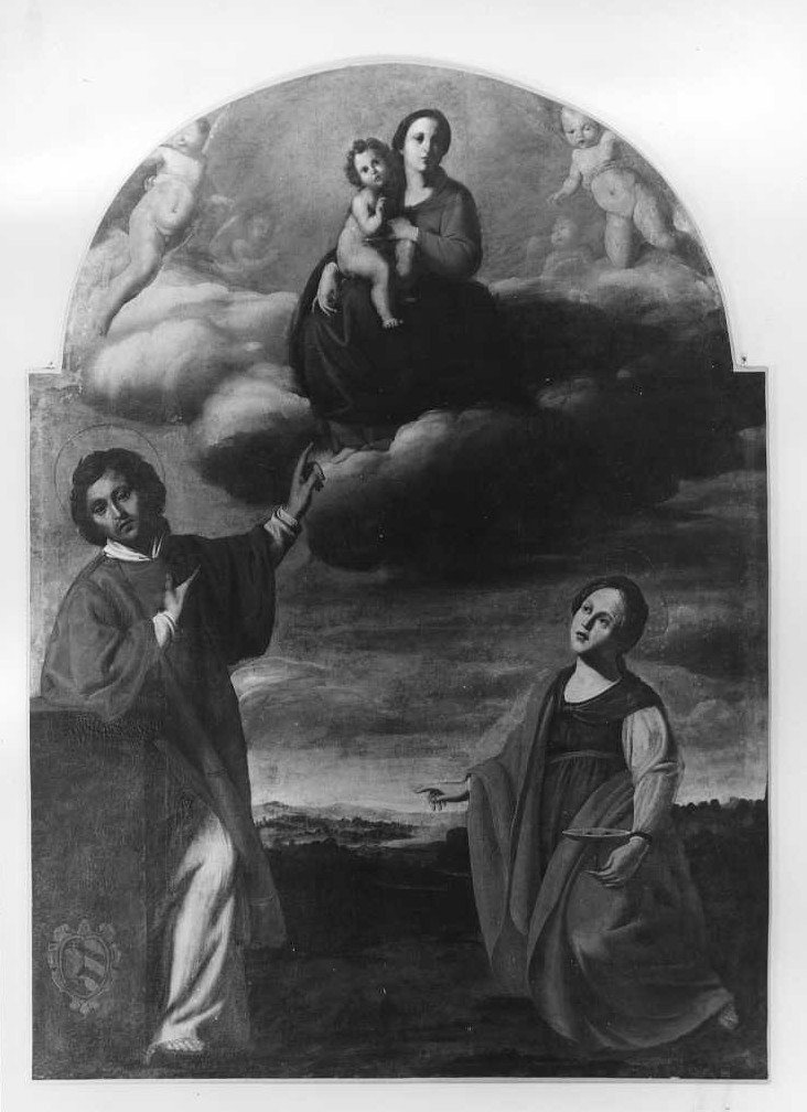 Madonna con Bambino con S. Lucia e un santo (dipinto, opera isolata) di Guerrieri Giovanni Francesco (sec. XVII)
