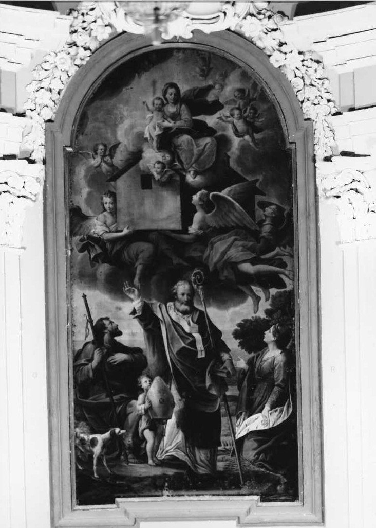 trasporto della Santa Casa con S. Nicola da Bari, S. Rocco e una Santa (dipinto) - ambito emiliano (sec. XVIII)