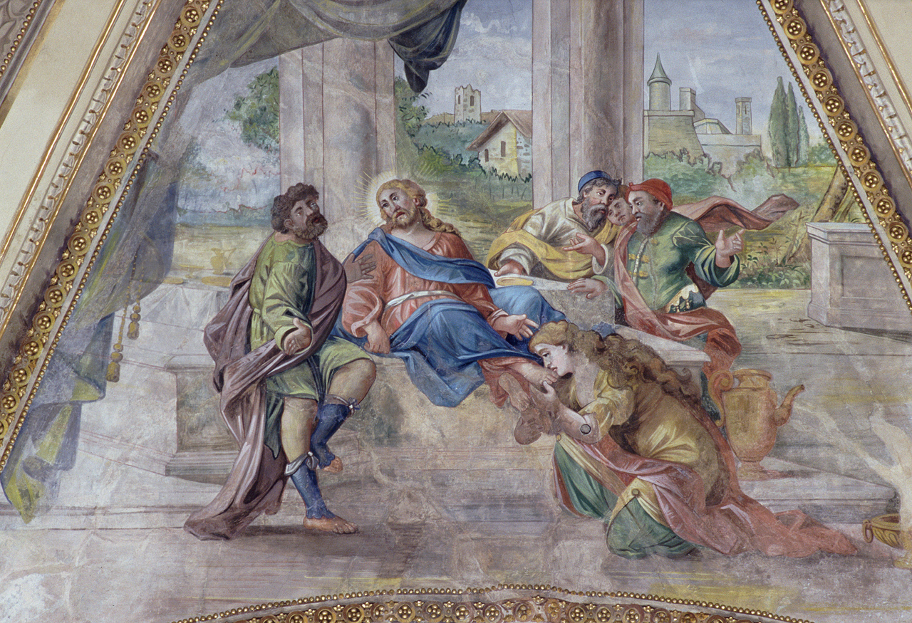 Santa Maria Maddalena unge i piedi di Cristo (dipinto) di Micheli Alessandro (primo quarto sec. XX)