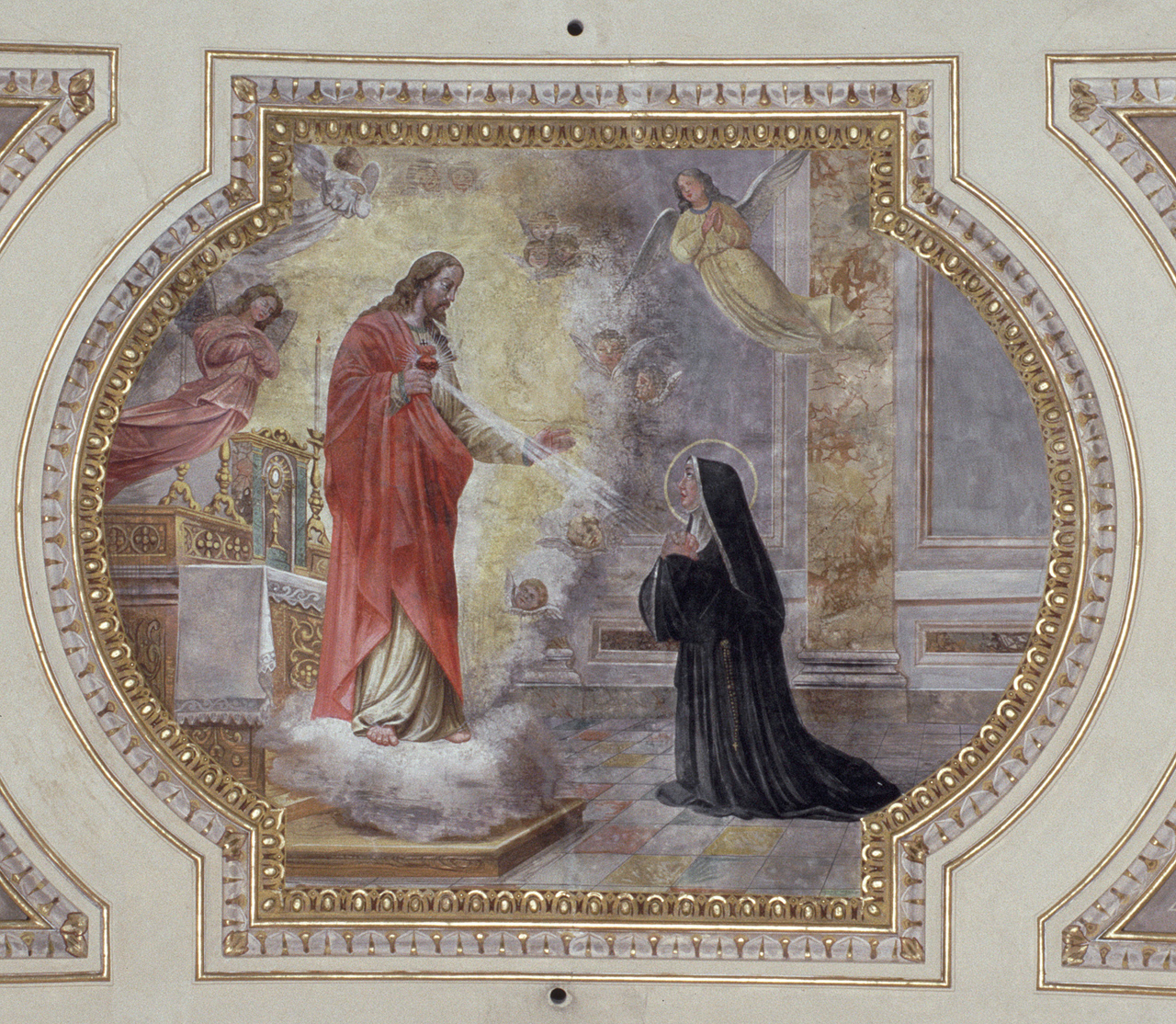Santa Margherita Alacoque adora il Sacro Cuore di Gesù (dipinto) di Micheli Alessandro (primo quarto sec. XX)