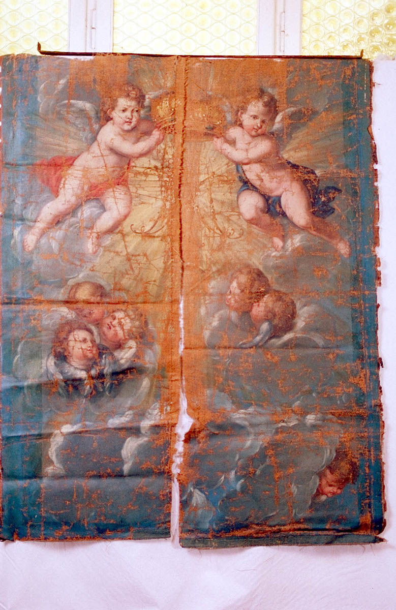 angeli adoranti il monogramma mariano (dipinto) - ambito marchigiano (metà sec. XVIII)