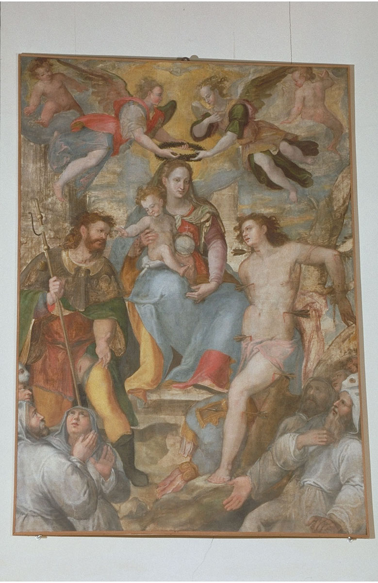 Madonna con Bambino, San Rocco, San Sebastiano e Confratelli della Carità (dipinto) di Bellini Filippo (fine sec. XVI)