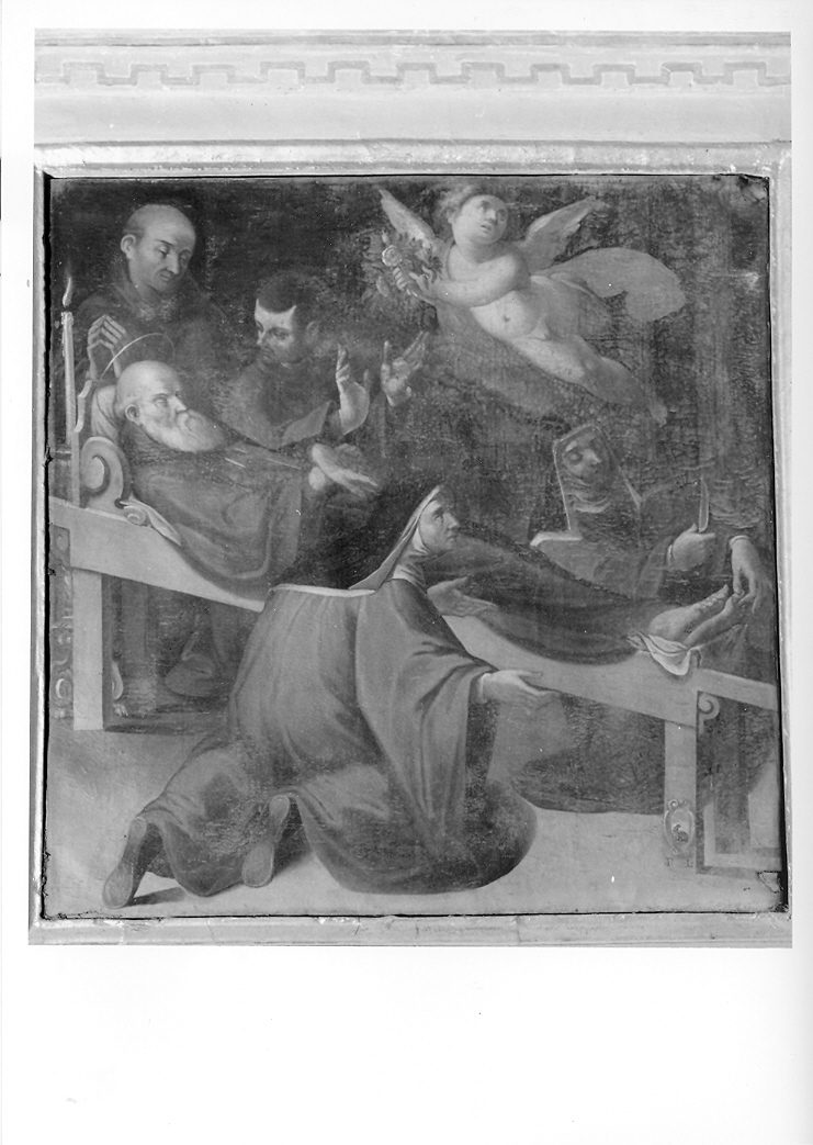 suora taglia l'alluce sinistro del defunto San Silvestro come reliquia (dipinto) - ambito marchigiano (secondo quarto sec. XVIII)