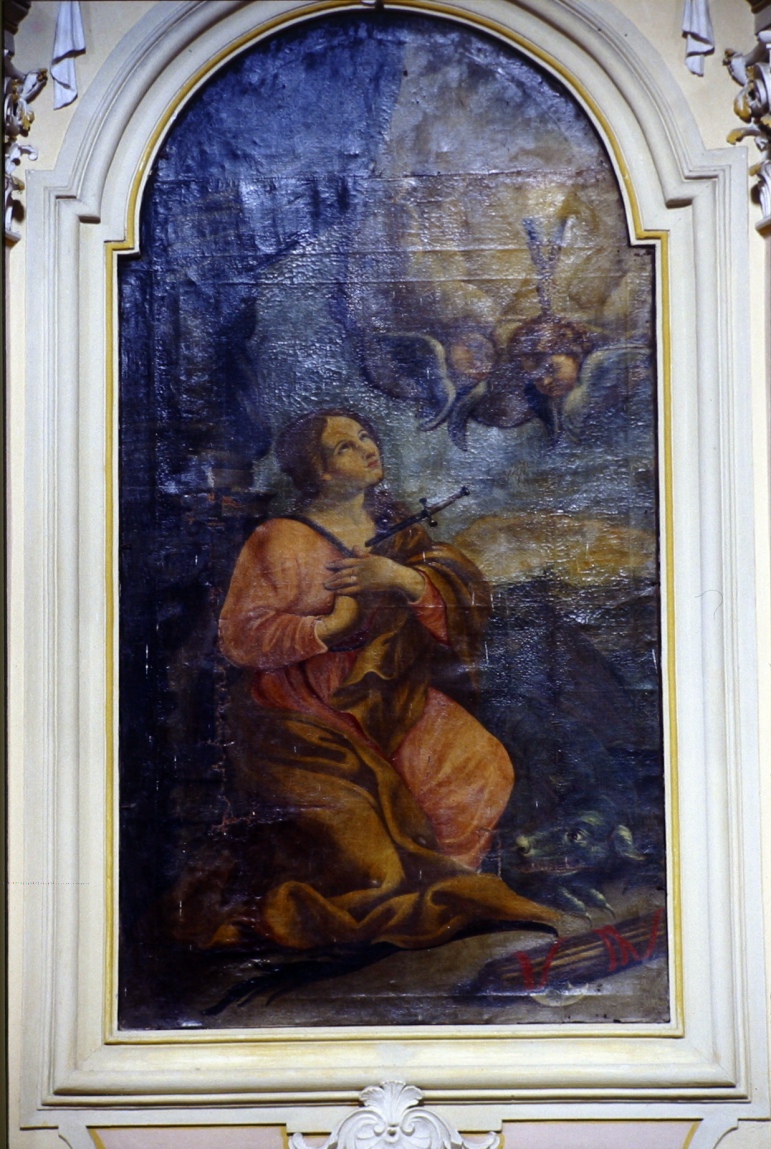 Santa Margherita d'Antiochia sottomette il drago con la croce (pala d'altare, elemento d'insieme) - ambito marchigiano (seconda metà sec. XVIII)