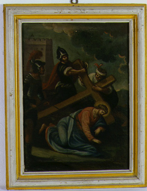 stazione V: Gesù aiutato da Simone il Cireneo a portare la croce (Via Crucis, elemento d'insieme) - bottega marchigiana (sec. XIX)