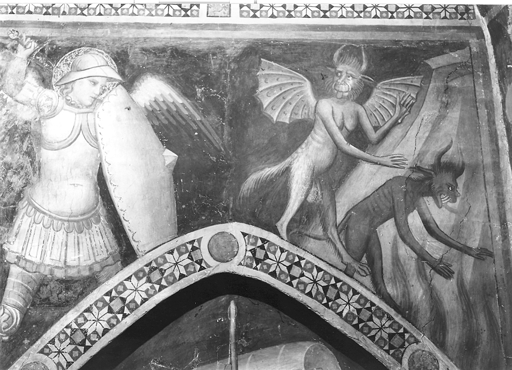 San Michele Arcangelo combatte Satana (dipinto) di Nuzi Allegretto (bottega) (seconda metà sec. XIV)