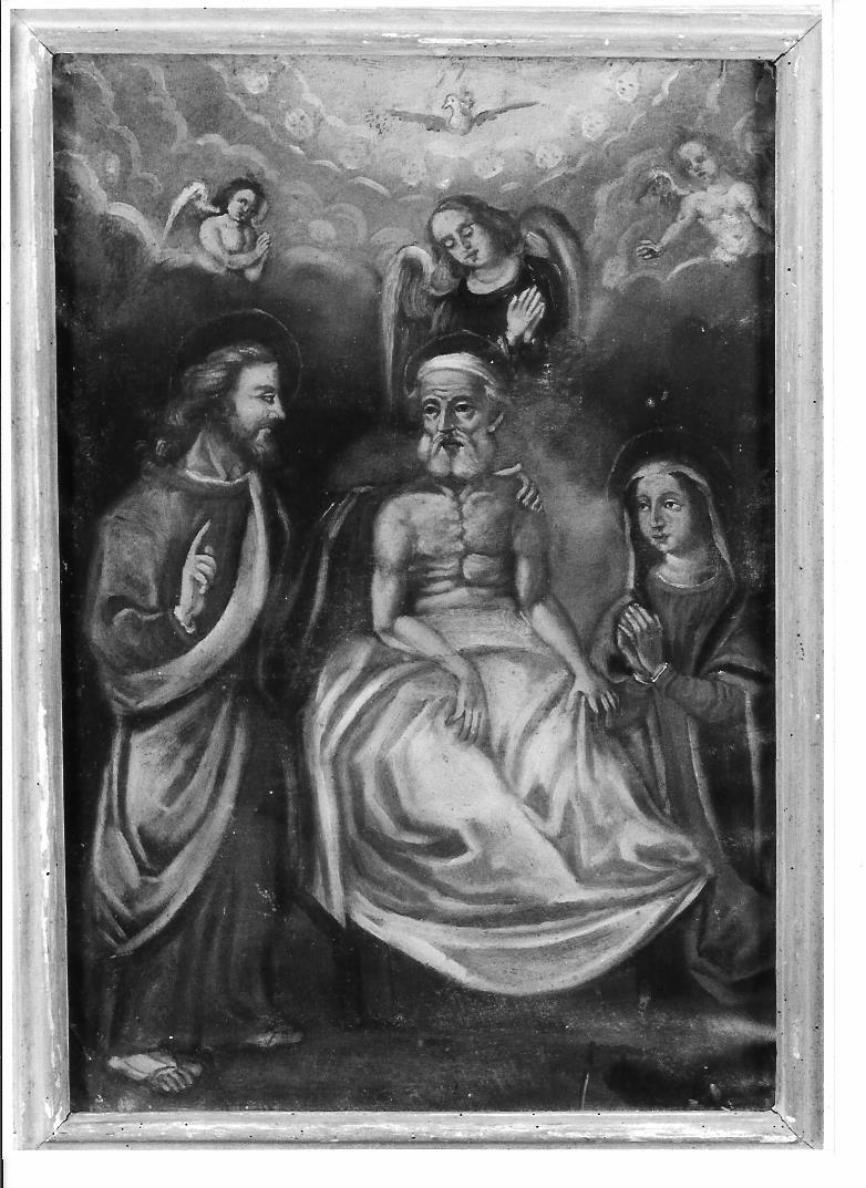 Transito di S. Giuseppe, San Giuseppe sul letto di morte, tra Gesù Cristo e la Madonna, angeli (dipinto) - ambito marchigiano (seconda metà sec. XVII)