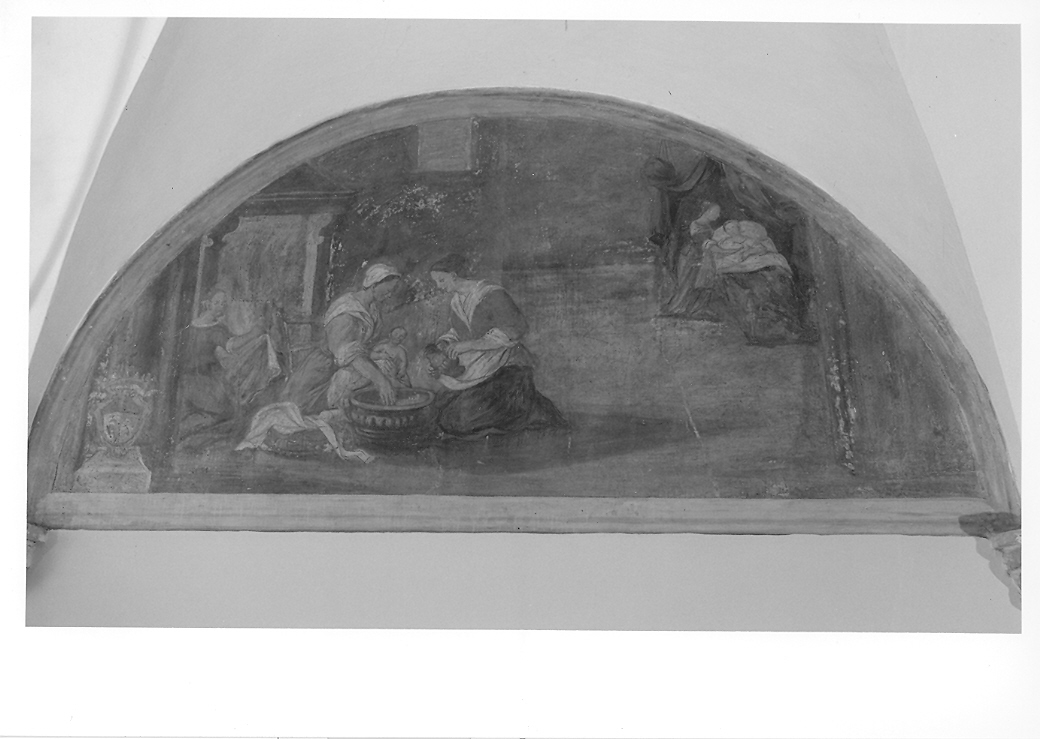 Scene della vita di Silvestro Guzzolini prima della scelta eremitica: Nascita; Esami; Ordinazione sacerdotale; Elevazione a canonico della cattedrale di Osimo (lunetta, ciclo) - ambito marchigiano (terzo quarto sec. XVIII)
