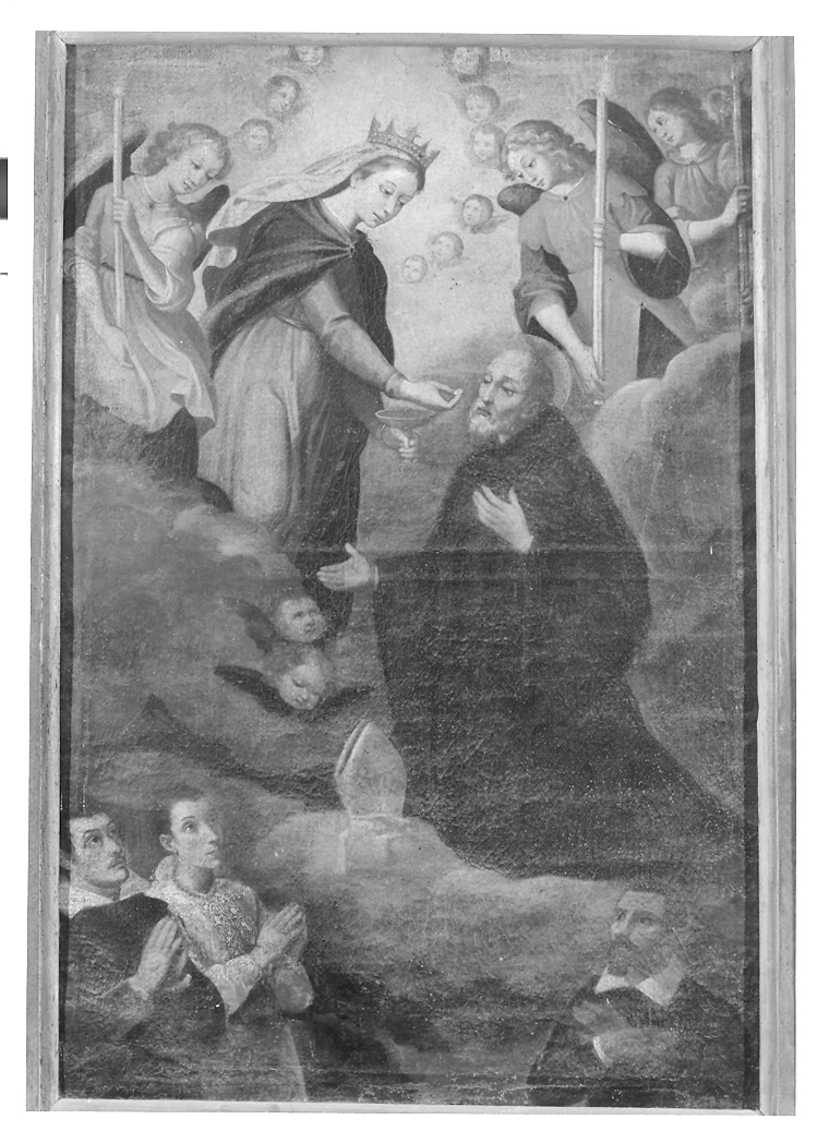 San Silvestro riceve la comunione dalla Madonna e committenti (dipinto) - ambito marchigiano (seconda metà sec. XVII)