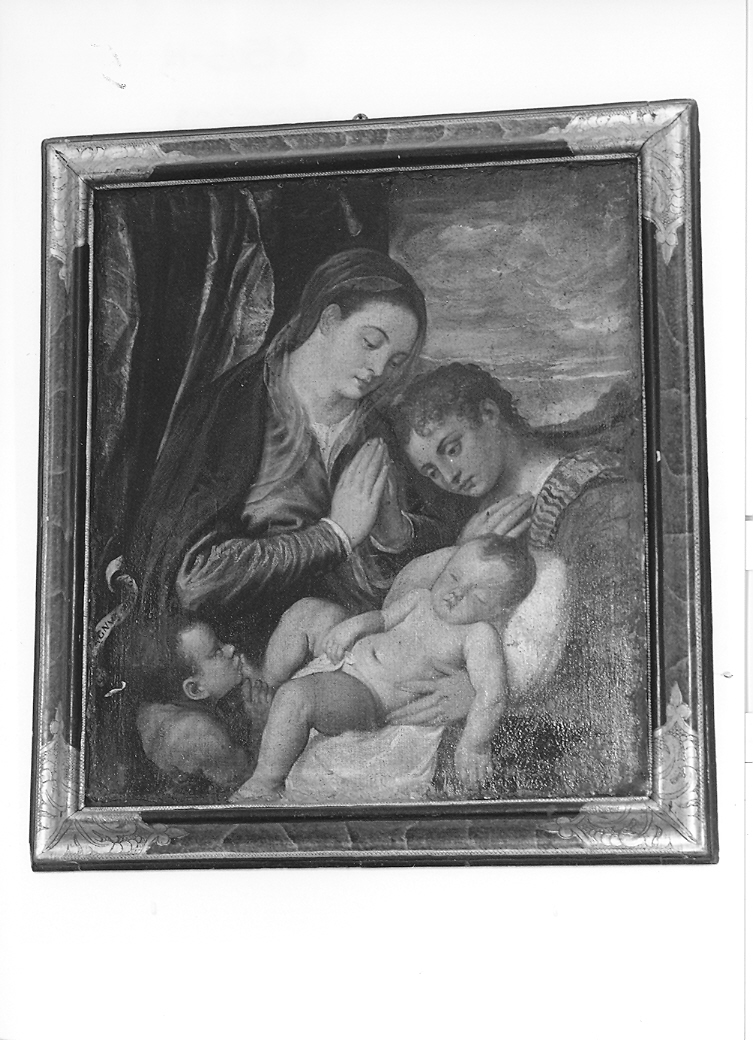 Madonna in adorazione del Bambino dormiente con San Giovanni Battista e angelo (dipinto) - ambito veneto (fine/inizio secc. XVI/ XVII)