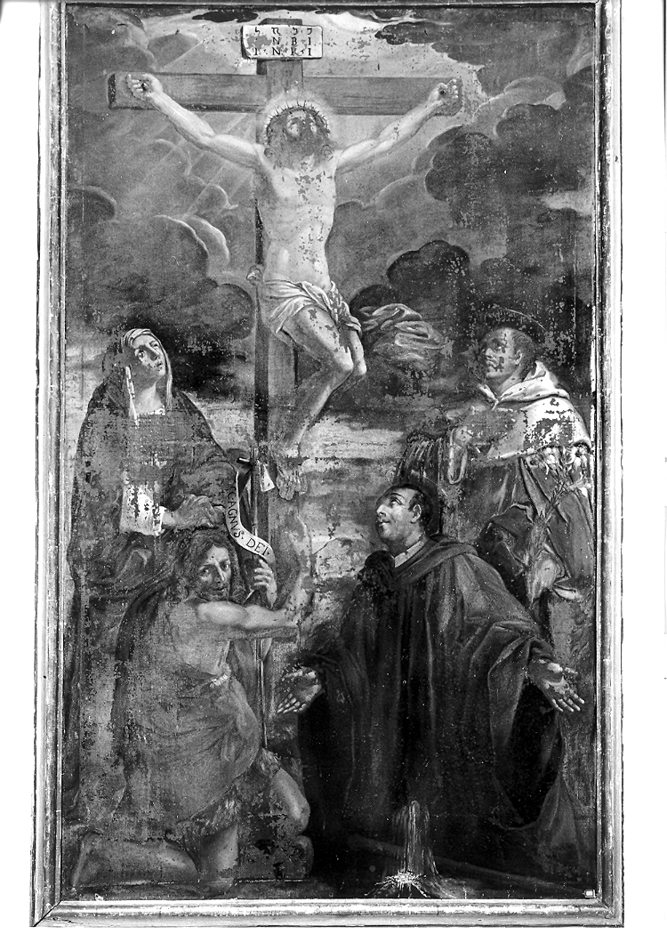 crocifissione di Cristo con la Madonna, San Giovanni Evangelista, Stephaton e Longino (dipinto) - ambito marchigiano (seconda metà sec. XVI)