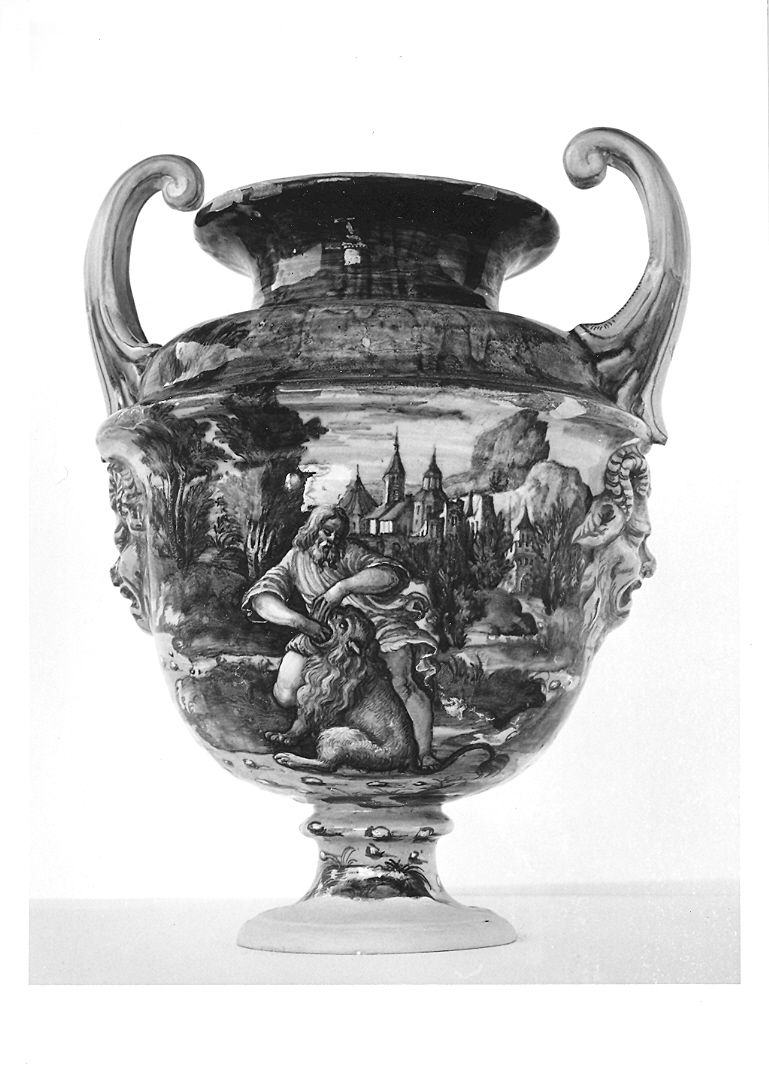 Sansone uccide un leone (vaso da farmacia) di Fontana Orazio (bottega) (seconda metà sec. XVI)