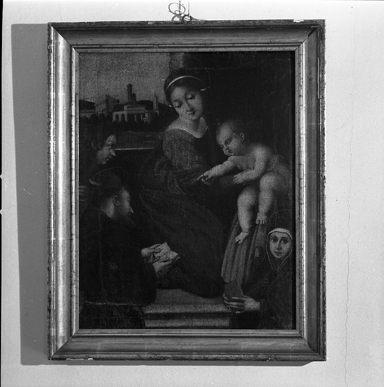 Madonna con Bambino con San Francesco d'Assisi, Santa Chiara e San Giovanni Battista (dipinto) - ambito marchigiano (metà sec. XVI)