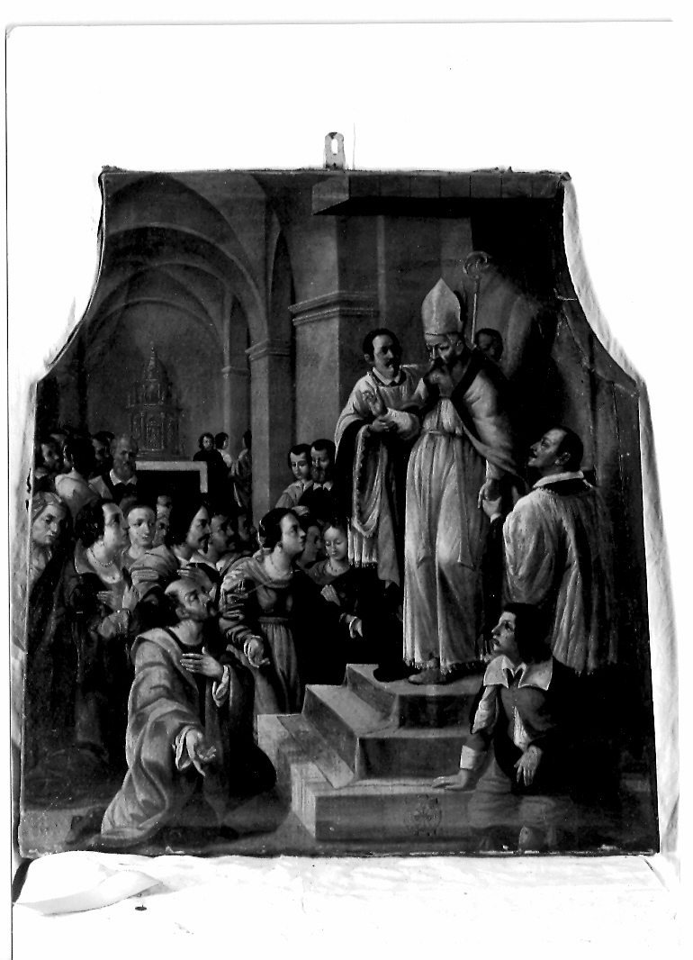 cardinale Lorenzo Cybo rende onore a San Benvenuto (dipinto) - ambito marchigiano (sec. XVII)