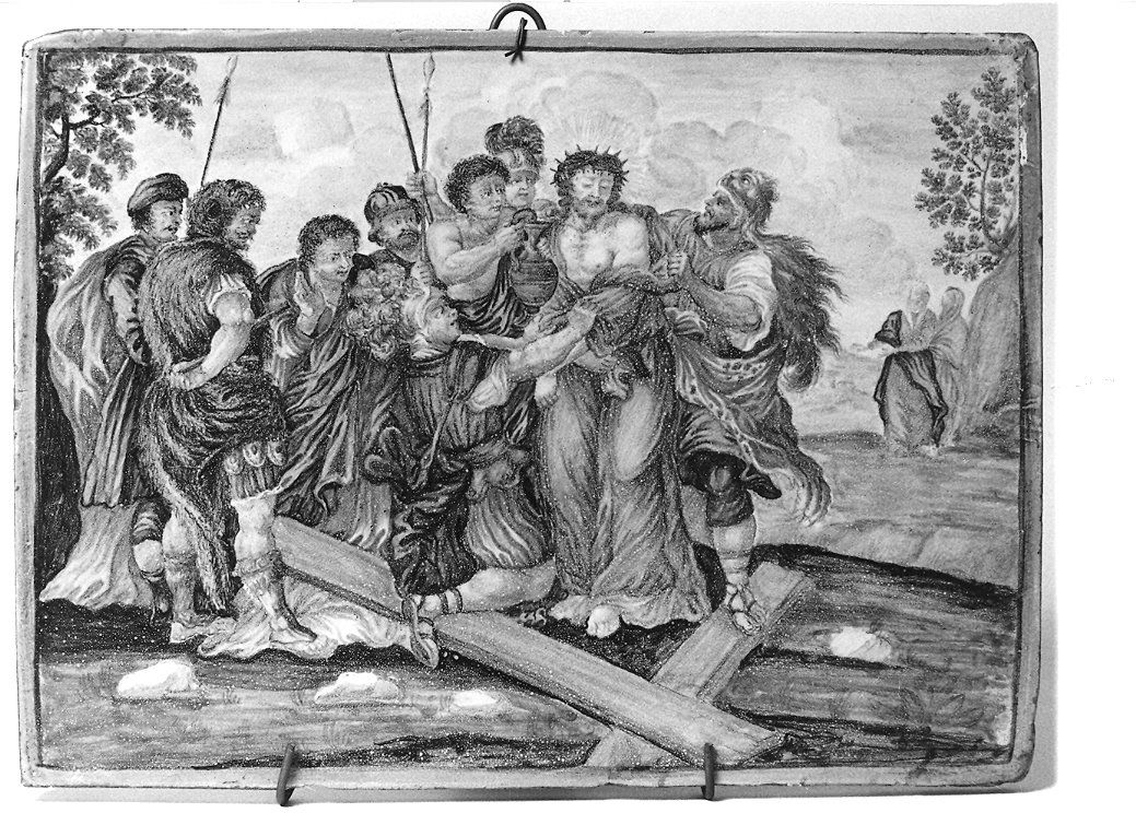 stazione X: Gesù spogliato e abbeverato di fiele (formella, elemento d'insieme) - bottega di Castelli (sec. XVIII)