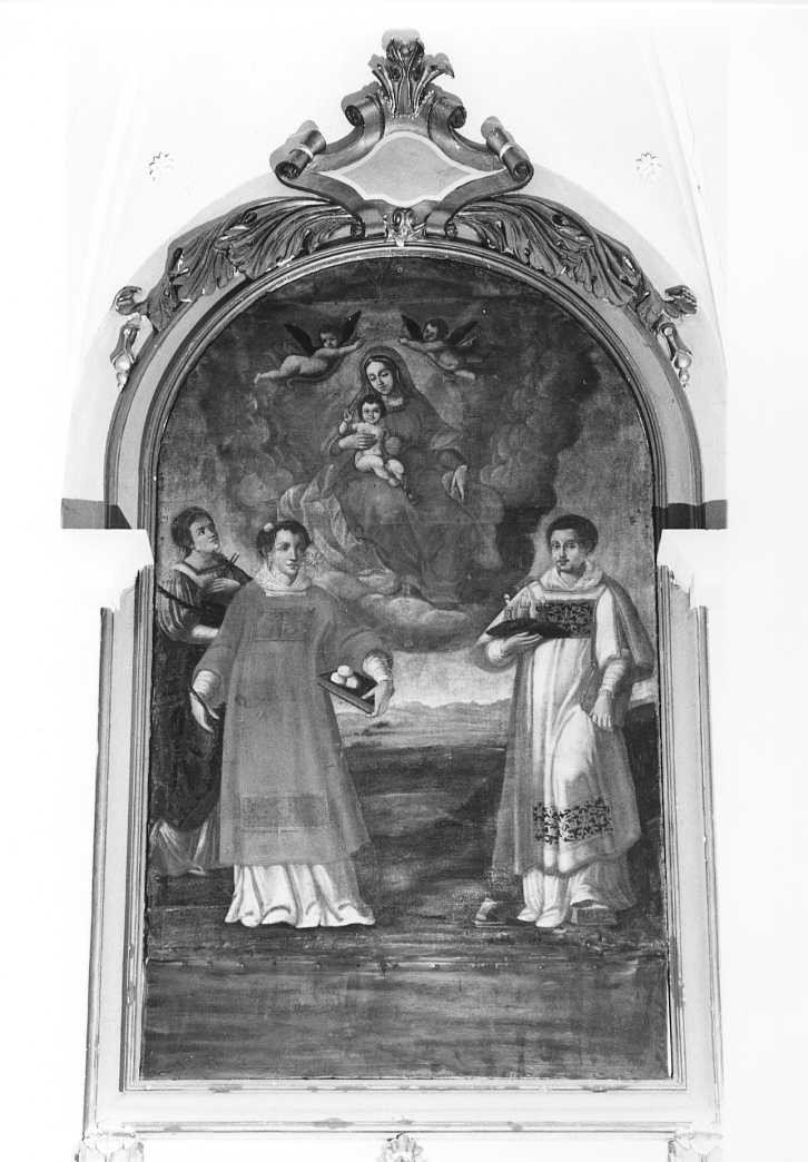 Madonna con Bambino in gloria, Sant'Apollonia, Santo Stefano e San Marino (dipinto) - ambito marchigiano (sec. XVII)
