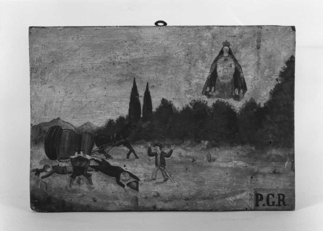 Madonna delle Grazie salva un uomo caduto in un corso d'acqua (ex voto) - ambito marchigiano (seconda metà sec. XIX)
