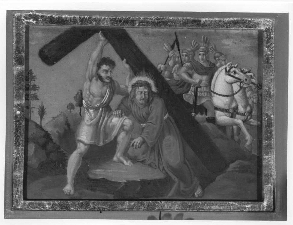 stazione V: Gesù aiutato da Simone il Cireneo a portare la croce (Via Crucis, elemento d'insieme) - ambito marchigiano (sec. XIX)