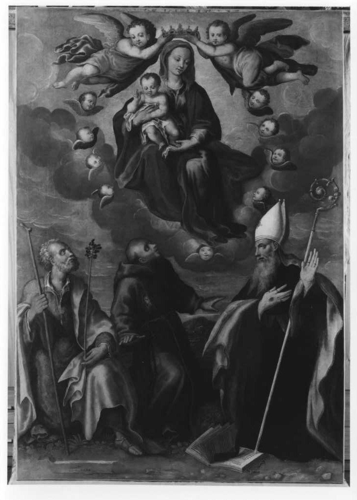 Sacra Famiglia con San Francesco d'Assisi e Sant'Agostino (dipinto) di Ramazzani Ercole (sec. XVI)