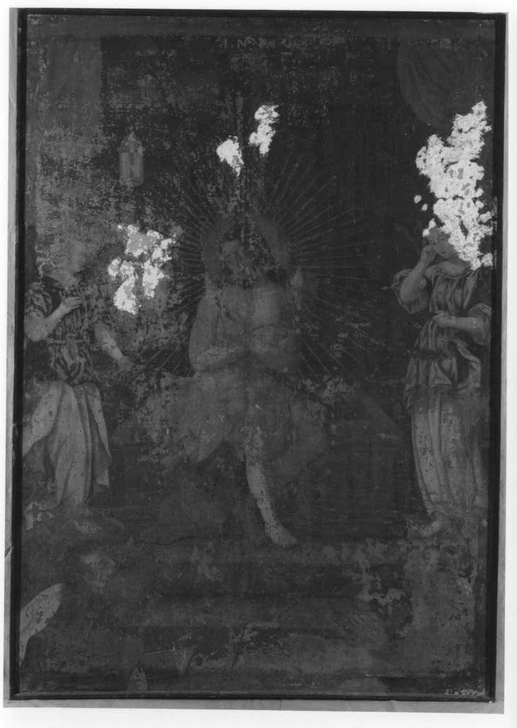 Gesù Cristo seduto sul sarcofago tra simboli della passione, angeli e santi (dipinto) - ambito marchigiano (sec. XVII)