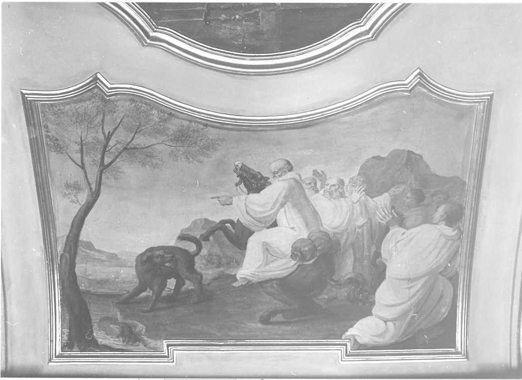 il diavolo, sotto forma di cane, tenta di far cadere San Romualdo da cavallo (dipinto, elemento d'insieme) di Lazzarini Placido, Paolucci Carlo (sec. XVIII)