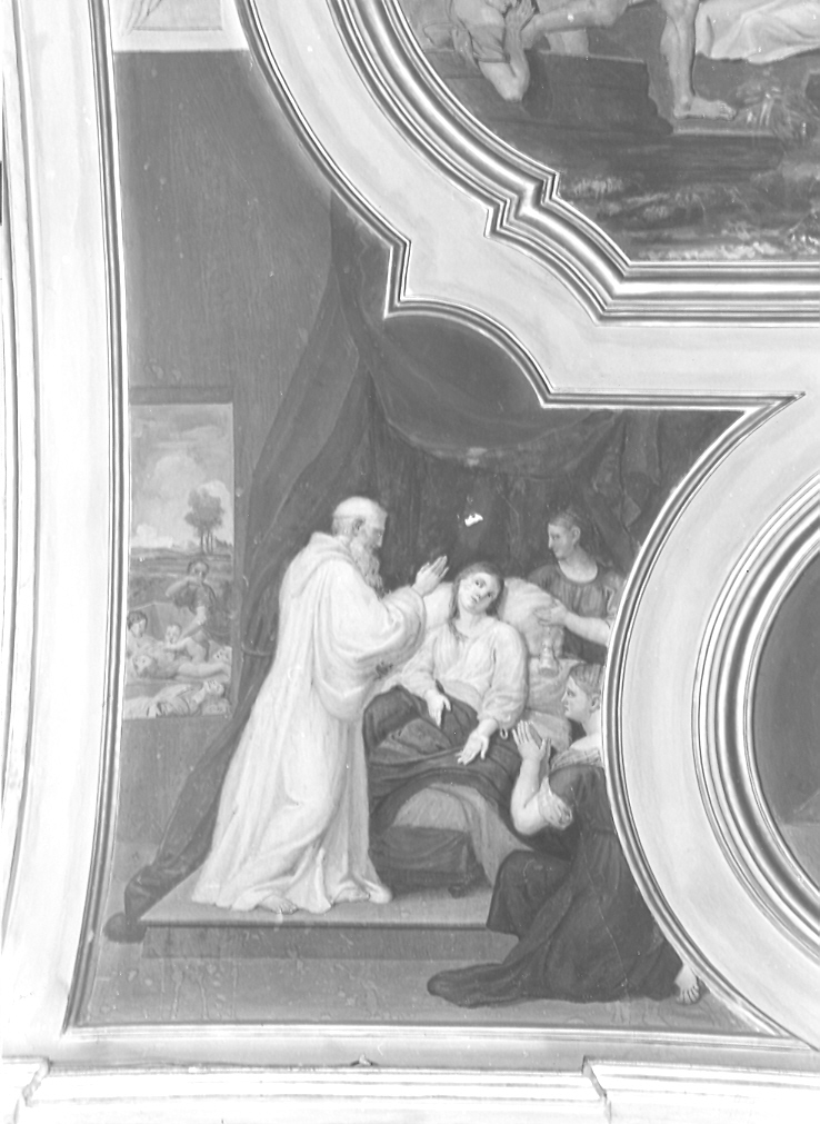 San Romualdo guarisce la moglie di Arduino (dipinto, elemento d'insieme) di Lazzarini Placido, Paolucci Carlo (sec. XVIII)