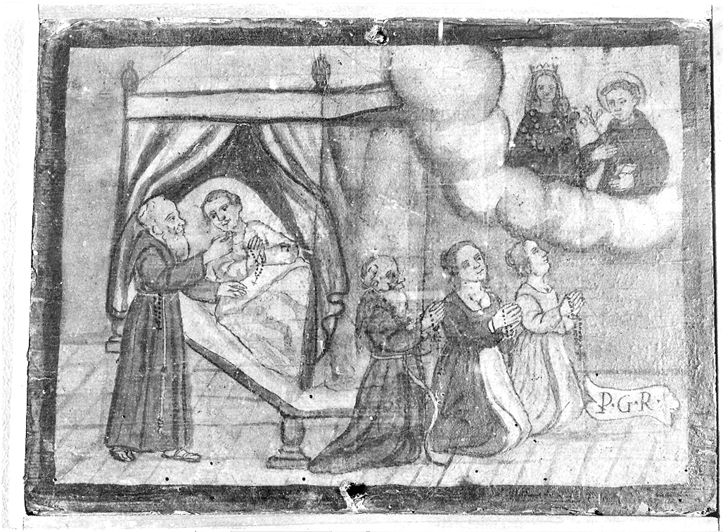 preghiera alla Madonna con Bambino e San Nicola da Tolentino per ricevere una grazia (dipinto) - ambito marchigiano (sec. XVI)