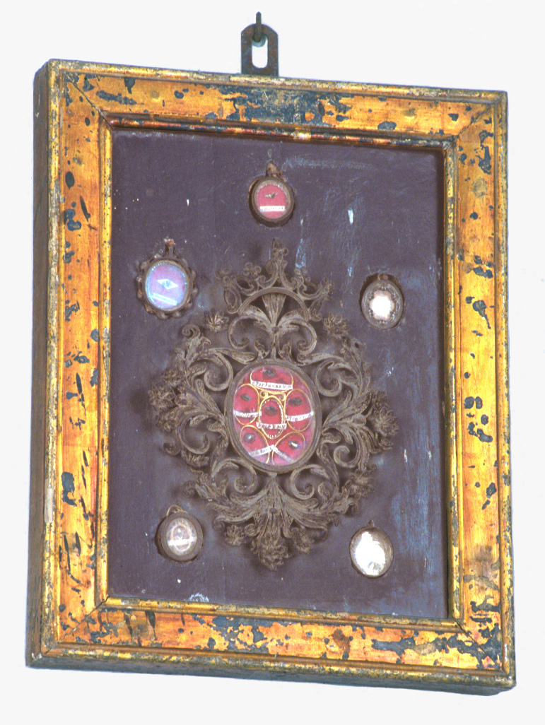 reliquiario - a tabella, elemento d'insieme - bottega marchigiana (fine/inizio secc. XIX/ XX)
