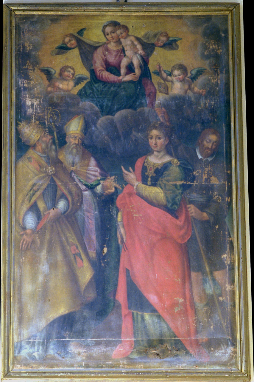 Madonna in gloria col Bambino tra i santi Fabiano, Apollonia, Rocco e un s anto Vescovo, Madonna con Bambino e Santi (dipinto) - ambito marchigiano (inizio sec. XVII)