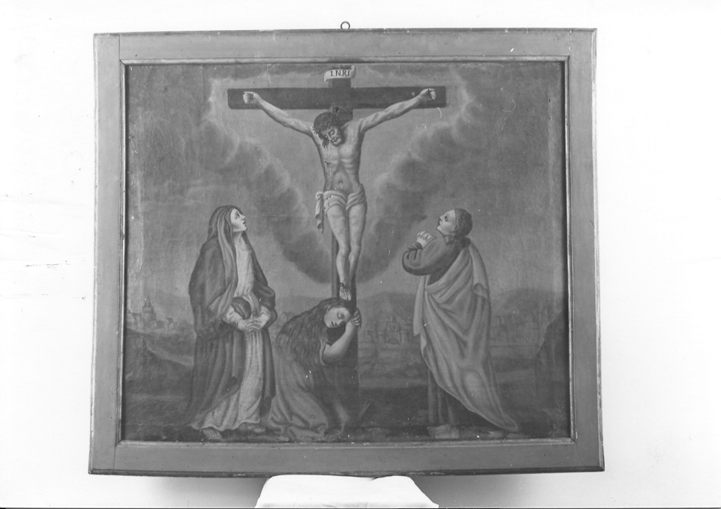 crocifissione di Cristo con la Madonna, San Giovanni Evangelista e Santa Maria Maddalena (dipinto) - ambito marchigiano (sec. XVII)