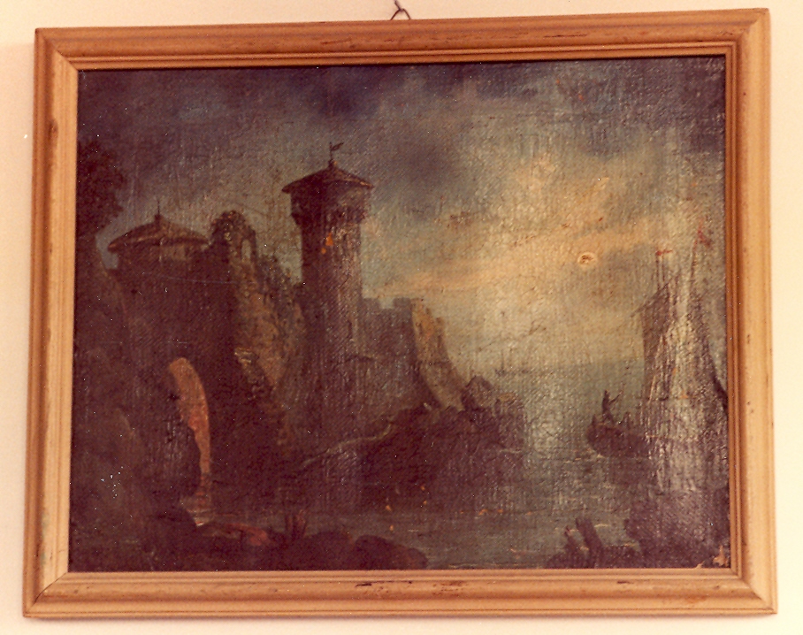 marina con castello e veliero (dipinto) - ambito napoletano (sec. XIX)