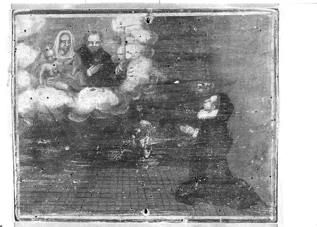 figura femminile prega la Madonna e San Nicola da Tolentino (ex voto) - ambito marchigiano (seconda metà sec. XVII)