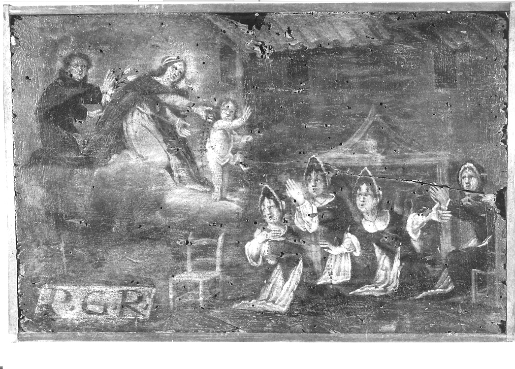 figure femminili pregano la Madonna con Bambino e San Nicola da Tolentino (ex voto) - ambito marchigiano (sec. XVIII)