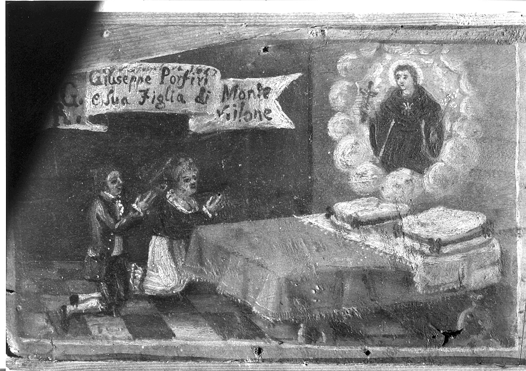 figura maschile e fanciulla pregano San Nicola da Tolentino (ex voto) - ambito marchigiano (sec. XIX)