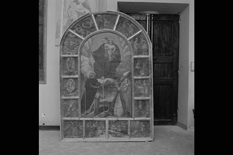 Madonna del Rosario con Santi domenicani e misteri del rosario (dipinto) - ambito marchigiano (terzo quarto sec. XVI)