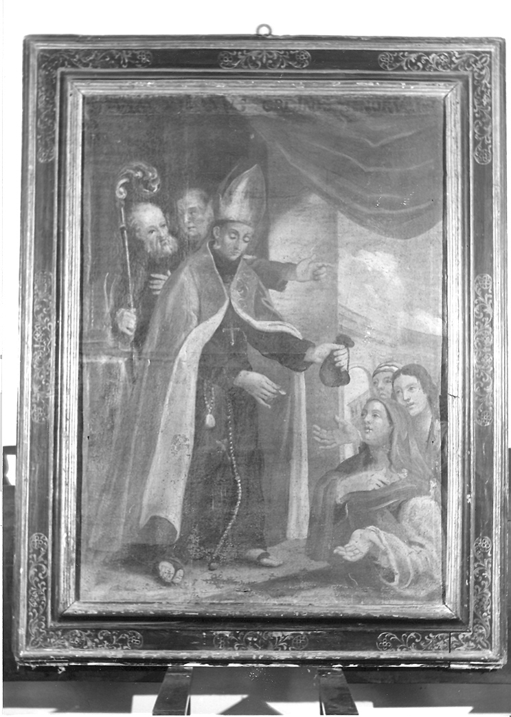 Santo vescovo distribuisce l'elemosina (dipinto) - ambito marchigiano (sec. XVII)